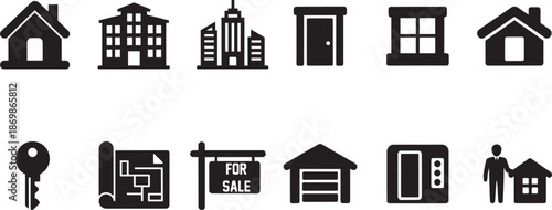 Real estate and property management icons with house building skyscraper key and floor plans