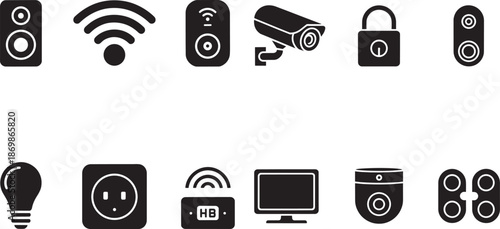 Smart home automation line icons including security camera light bulb wi-fi and digital lock