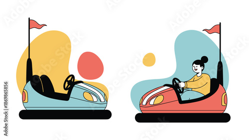 Illustration of two colorful bumper cars at an amusement park with a girl driving the red car and a blue car alongside.