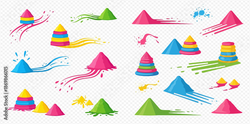 Colorful Holi powder piles and splashes set for festival celebration.