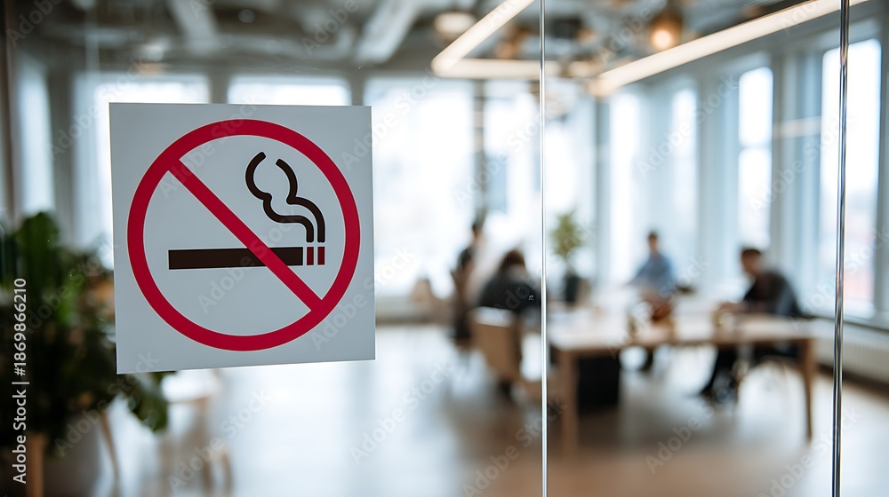 Fototapeta premium No smoking sign on glass door, blurry figures of people in an office
