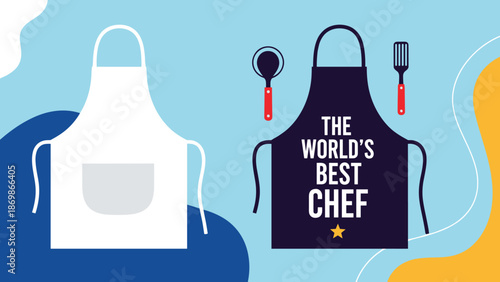 Two cooking aprons on a blue background including a white one with a pocket and a black one with text and utensils.