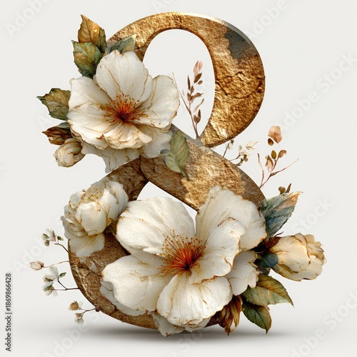 The number 8 consists flowers in watercolor style with space for text on white background	
