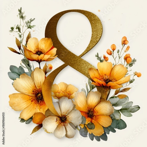 The number 8 consists flowers in watercolor style with space for text on white background	

