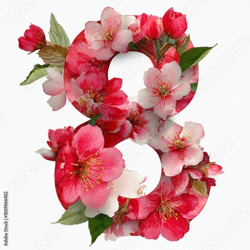 The number 8 consists flowers in watercolor style with space for text on white background	
