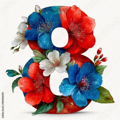 The number 8 consists flowers in watercolor style with space for text on white background	
