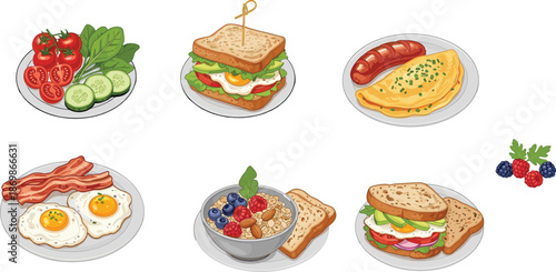 Breakfast meals collection, healthy morning food illustrations set, eggs bacon sausage omelette and oatmeal icons, isolated colorful vector food graphics