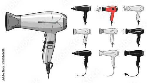 Variety of hair dryers in different colors and styles including professional salon and home electric appliance versions.