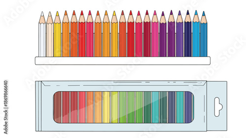 Organized row of sharpened colored pencils in a rainbow of shades and a full box of pencils for art and drawing.