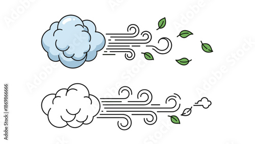 Cartoon clouds blowing wind with swirling lines and green falling leaves represent a gusty and breezy autumn weather day.