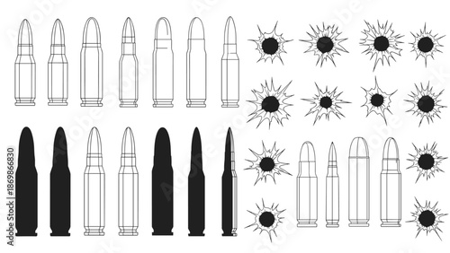 Assorted collection of bullets and gunshot holes in different sizes and styles for military, police, and weapon themes.