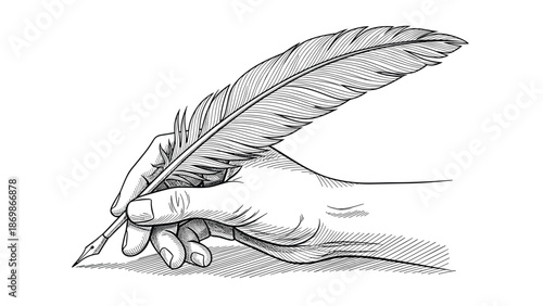 Detailed vintage style ink drawing of a hand holding a large feather quill while writing on a white background.