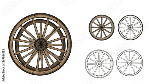 Set of wooden wagon wheel illustrations in various styles from realistic detailed drawings to simple black and white icons.