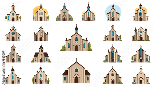 Large set of various church building icons and illustrations in different architectural styles and color schemes.
