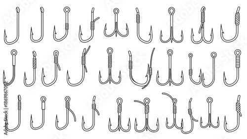 Extensive collection of various fishing hooks including single, double, and triple styles with different fishing knots.