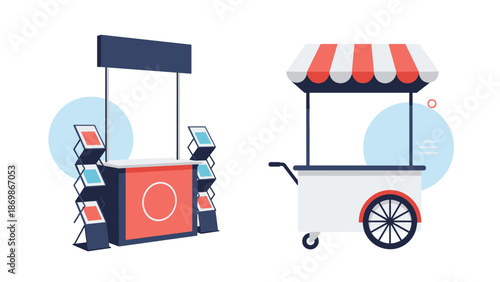 Two types of commercial display units including a promotional exhibition stand and a traditional striped street food cart.