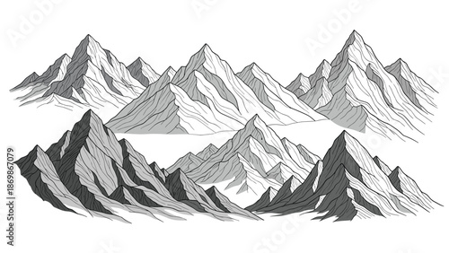 Collection of various mountain peak silhouettes and ranges rendered in detailed black and white hatching style.