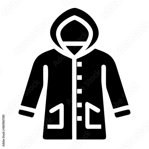 Black silhouette icon of a hooded raincoat or jacket, perfect for weather protection