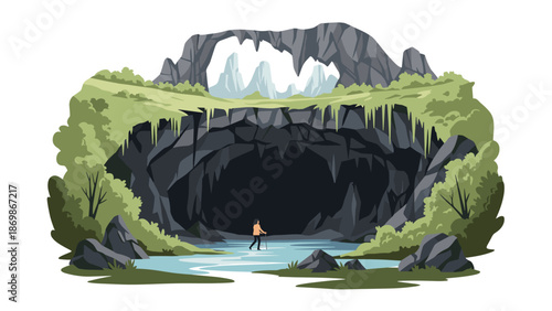 Small figure of a traveler stands at the massive entrance of a dark, rocky cave surrounded by lush green forest plants.