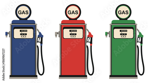 Trio of colorful vintage gasoline pumps in blue, red, and green colors designed for retro gas station themed projects.