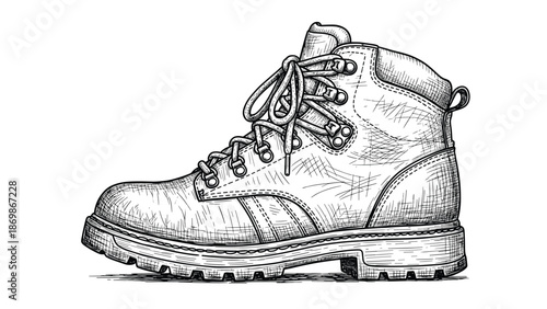 Detailed black and white ink sketch of a professional hiking boot shown from a side perspective for outdoor gear design.