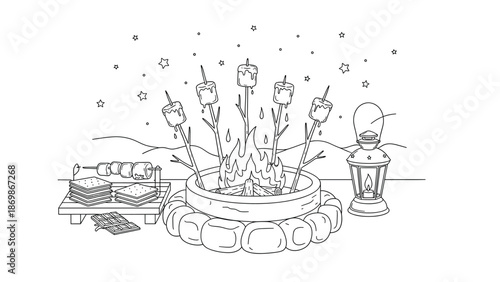 Cozy campfire scene with marshmallows toasting on sticks
