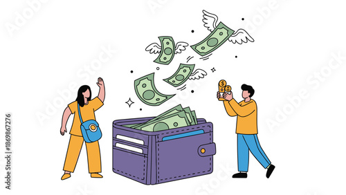Two people are shown as money with wings flies out of a large purple wallet, symbolizing heavy spending or financial loss.