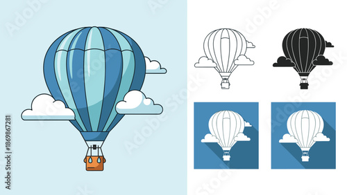 Blue hot air balloon floating among white clouds is presented in colored, outline, and flat shadow graphic styles.