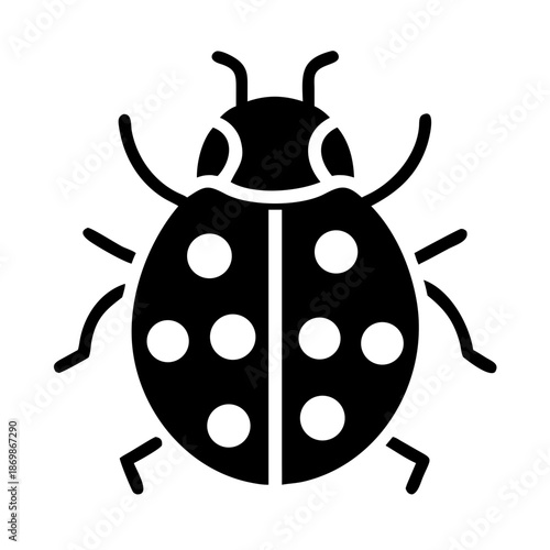 A minimalist black and white ladybug icon with distinctive spots and antennae