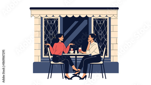 Two young women having a pleasant conversation while sitting at an outdoor cafe table with coffee and refreshing drinks.