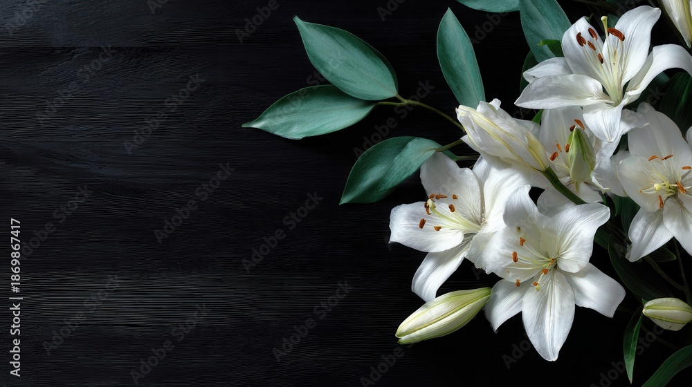 Fototapeta premium White lilies with green leaves on black wooden surface