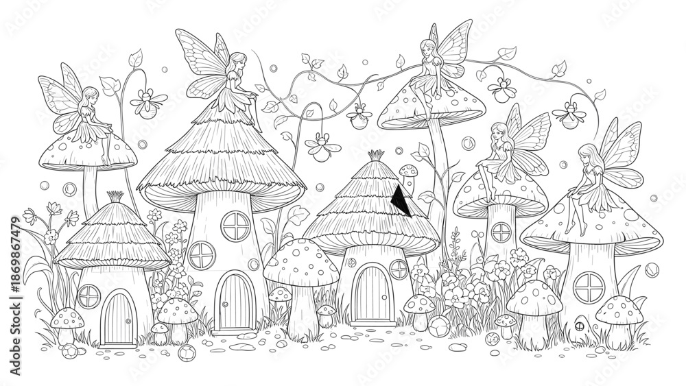Fototapeta premium Whimsical fairy village with mushroom houses and butterflies in a magical forest setting
