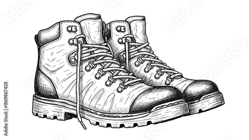 Artistic black and white line drawing of a pair of sturdy hiking boots suitable for trekking and outdoor adventures.