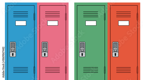 Four colorful metal school lockers in blue, pink, green, and red colors with locks for student storage design.