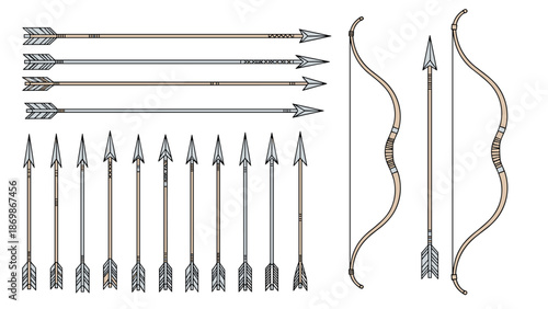 Collection of medieval archery equipment including various wooden bows and many styles of metal tipped arrows.