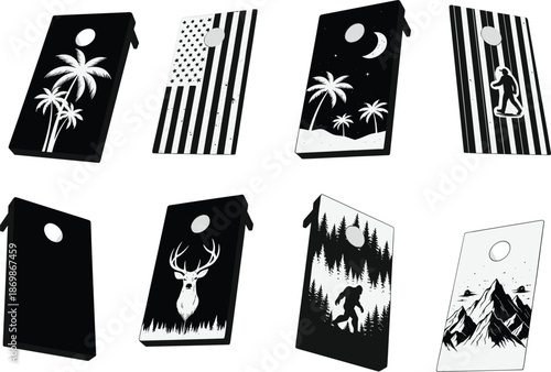 Set of cornhole board designs featuring American flag, palm trees, deer, bigfoot, and mountain themes, isolated for outdoor lawn game recreation.