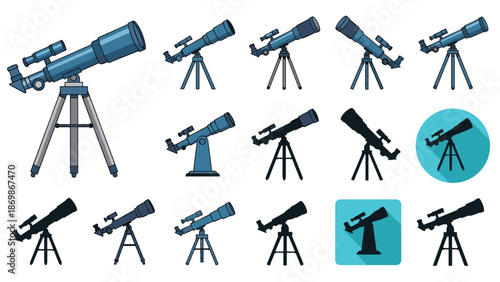 Collection of astronomical telescope icons and silhouettes for stargazing and space observation on white background.