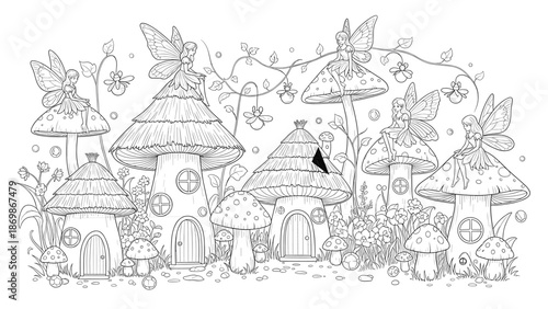 Wallpaper Mural Whimsical fairy village with mushroom houses and butterflies in a magical forest setting Torontodigital.ca