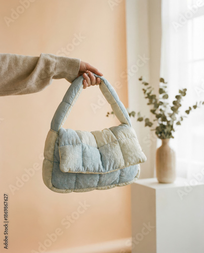 Cozy Quilted Handbag Held by a Hand in a Soft Warm Home Interior Setting