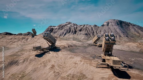 Multiple air defence systems strategically deployed on a mountain top, protecting the country from incoming missiles and aerial threats.