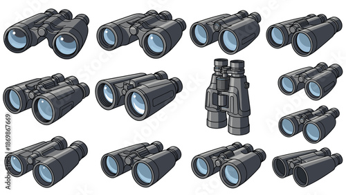 Set of professional binoculars in various styles and viewing angles rendered as flat vector illustrations for surveillance and nature watching.