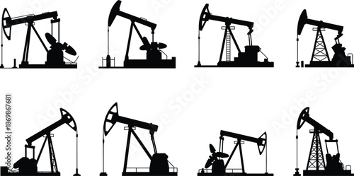 Set of oil pump jack silhouettes, black industrial derrick icons for petroleum extraction and energy industry