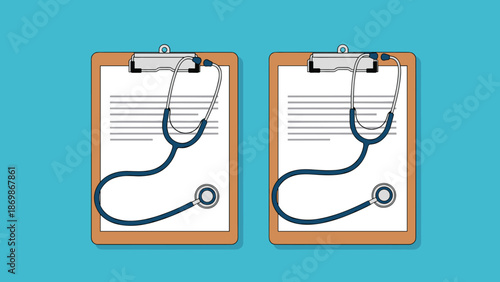 Medical documentation concept with two clipboards holding patient records and professional stethoscopes on a blue background.