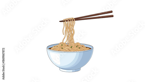Delicious bowl of hot ramen noodles being served with wooden chopsticks lifting a savory portion of long thin pasta.