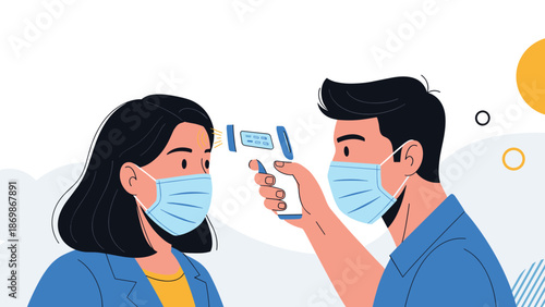 Man wearing a protective face mask measuring a woman temperature with a non-contact infrared thermometer for safety.