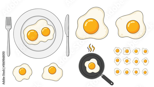 Complete set of cooked fried eggs with bright yellow yolks served on a white plate and in a professional black frying pan.