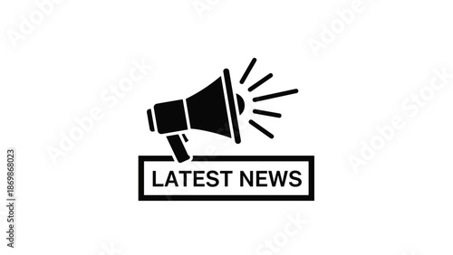 Bold black megaphone icon with the words latest news displayed in a frame for announcements and media broadcasting.