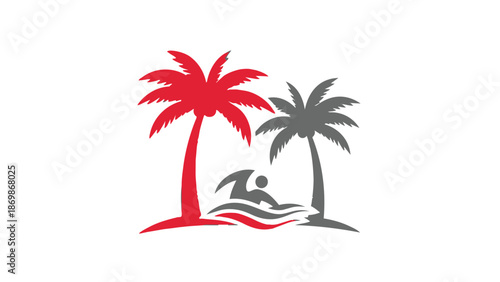 Vector illustration of palm trees and surfer on beach vacation icon