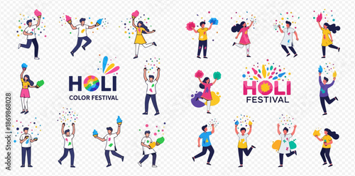 Happy people celebrating Holi festival with colorful powders and confetti, vibrant Indian holiday illustration.