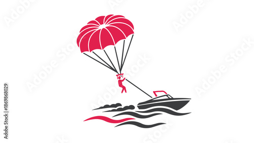 Waterskiing with a pink parachute on a boat in the ocean